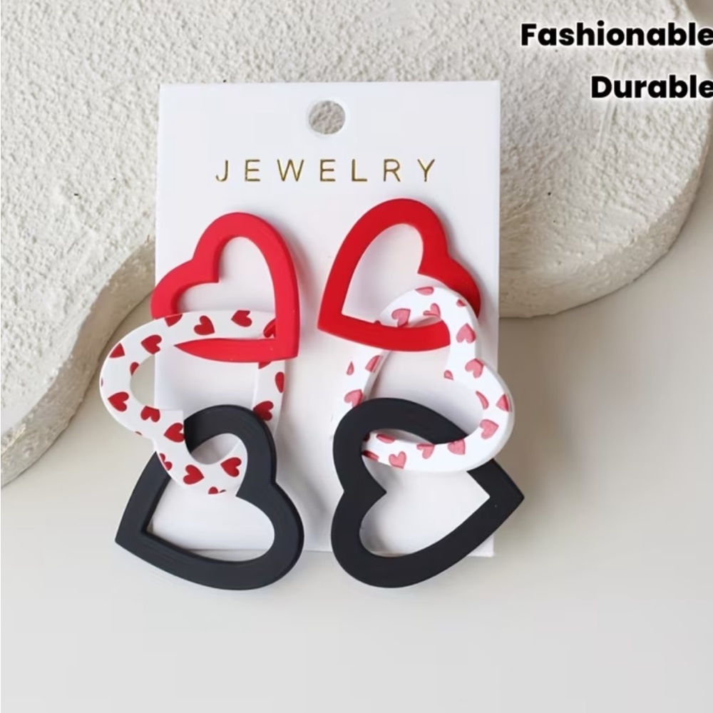 Heart-Shaped Red, Black, and White Earrings